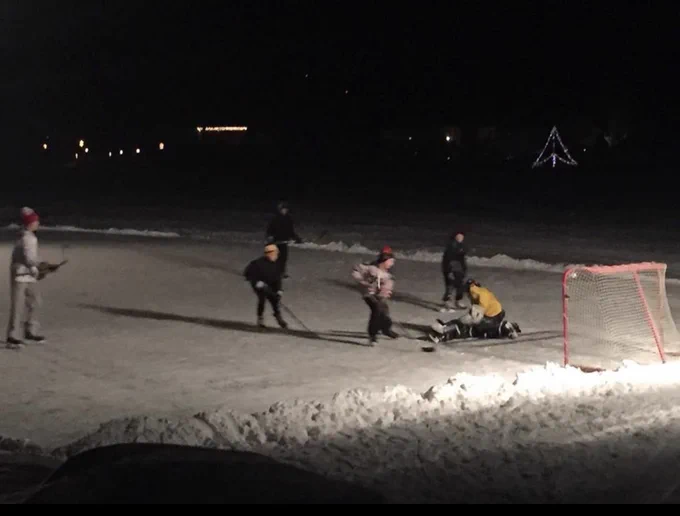 Quinn Finley playing outdoor hockey as a youth