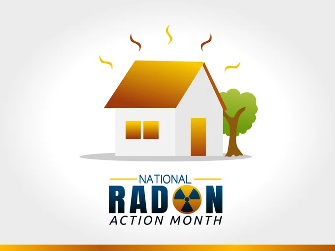 Logo for National Radon Action Month featuring an illustration of a house with visible heat or emission lines, accompanied by a tree and set against a grey circular background.
