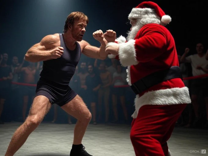 AI generated image of Chuck Norris fighting Santa Claus