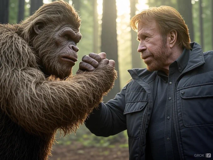 AI generated image of Chuck Norris arm wrestling a Bigfoot in the forest