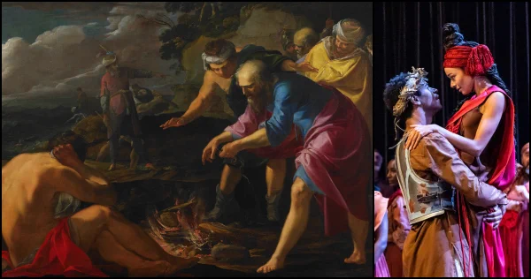 IMAGES:
Left: Laurent de La Hyre, French, 1606-1656.
Saint Paul Shipwrecked on Malta (about 1630).
Collection of the Art Fund, Inc. at the Birmingham Museum of Art;
Purchase with funds provided by Mr. and Mrs. William T. Ratliff, Jr., AFI.1.2004
Courtesy Birmingham Museum of Art.

Right: Alfred Enoch as Pericles, Leah Haile as Thaisa in an August 2024 Royal Shakespeare Company production of Pericles. Fair use, via RSC website
