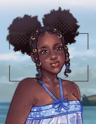 The image contains an illustration of a black woman with her hair tied up into space buns with two braids hanging down by her face. She has on a light blue sleeveless shirt with a ribbon on the chest that wraps around her neck, stretch marks, moles on her face, arms, legs, and chest, and yellow beach shorts.

Her shirt has flower patterns, and she has gold and blue bracelets on her left arm. Her nails are painted light yellow, and she’s a double above-knee amputee sitting in a light blue manual wheelchair with orange rims. She’s on the beach, with color swatches on both sides of the screen, with the outline of a camera framing her, as if her picture is being taken on the beach, with a big blue ocean, sky, and trees in the background.