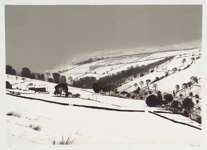 A print of a landscape featuring rolling hills covered in snow with bare trees, a grey sky and a cottage in the distance on the left hand side.