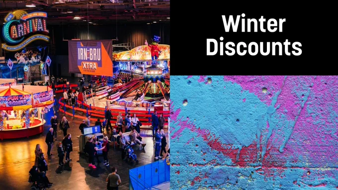 Left: Indoor amusement park with various attractions including a carousel and games under a neon sign for 'Canvas'. Right: Text 'Winter Discounts' over a vivid abstract background in shades of blue and pink.