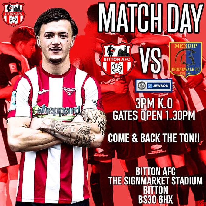 GAMEDAY- 3PM K.O
BITTON AFC VS MENDIP BROADWALK FC
