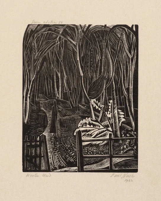 Wood engraving by Paul Nash depicting a leafless forest of twisted trees. A singular dark figure is standing along a path.