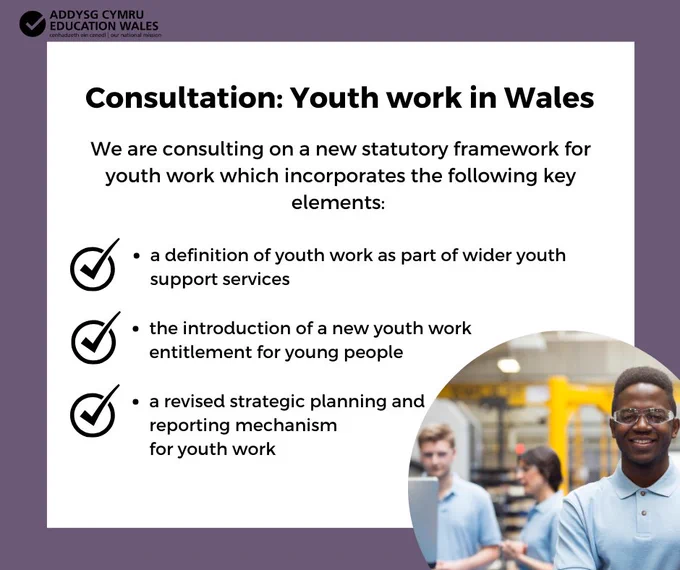 "Consultation: Youth work in Wales

We are consulting on a new statutory framework for youth work which incorporates the following key elements: 

- a definition of youth work as part of wider youth support services
- the introduction of a new youth work entitlement for young people
- a revised strategic planning and reporting mechanism for youth work" with an image of young students.