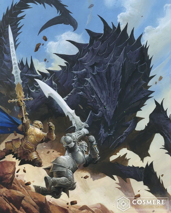 Scene from The Way of Kings where Dalinar and Elhokar are fighting a Chasmfiend. Artwork by Wayne Reynolds