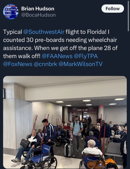 Post from Brian Hudson @BocaHudson
Follow
Typical @SouthwestAir flight to Florida! I counted 30 pre-boards needing wheelchair assistance. When we get off the plane 28 of them walk off! @FAANews @FlyTPA @FoxNews @cnnbrk @MarkWilsonTV

There’s a photo of a number of people in wheelchairs outside an airport gate.