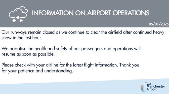Information on Airport Operations notice from Manchester Airport, dated May 1, 2025, stating runway closures due to heavy snow, prioritizing passenger safety, and advising to check with airlines for flight updates.
