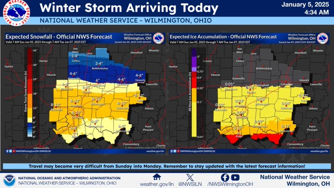 Graphic of the winter storm snow and ice totals. Highest snow accumulations expected south of I-70 corridor. Highest ice accumulations expected south of the Ohio River.
