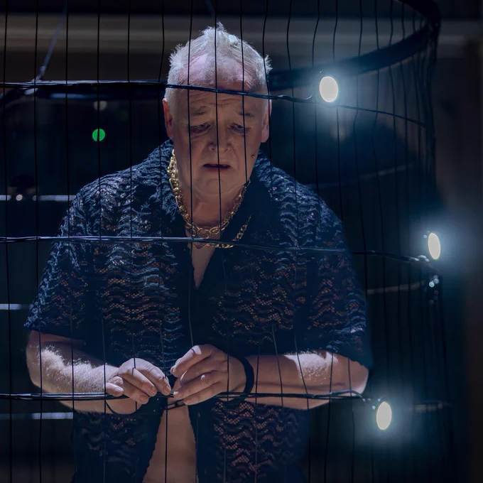 A person stands behind a wire mesh, with low lighting and small lights illuminating the background. The individual is wearing a lace top and a gold necklace, and appears contemplative.