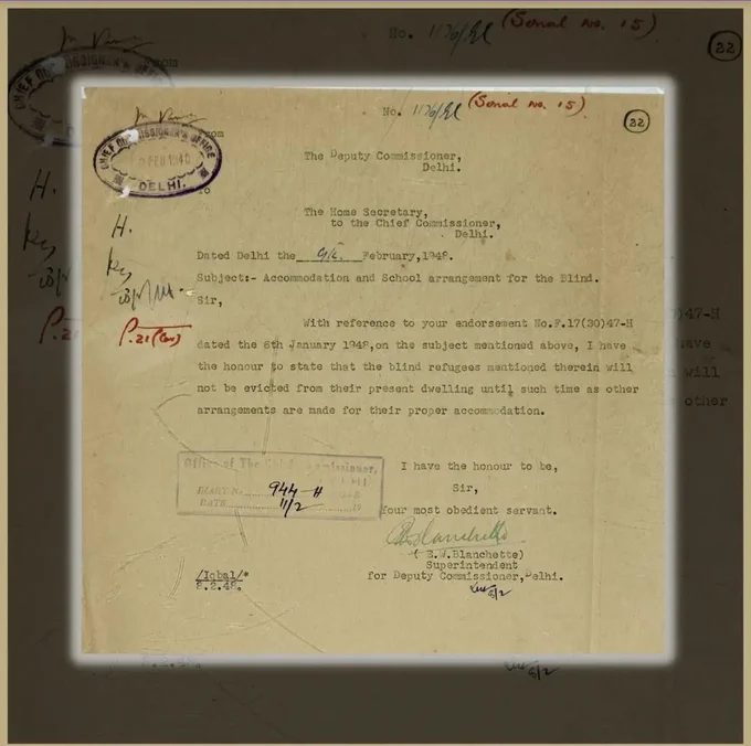 A document from February 1948 highlights one such measure, ensuring that blind refugees would not be evicted from their homes without alternative accommodations being arranged.