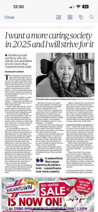 An article in the Sunday Independent from cofounder Dr Margaret Kennedy highlighting inequality of disabled people, sick people, older people in the midst of wonderful writers talking about all that is good and looking to 2025. She is commitment to advocating for peoples rights. Margaret draws attention to the horror of a homeless Ukrainian person who died being burnt in a tent.