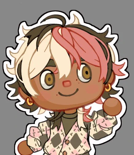 a Chibi Version in the style of an Animal Crossing New Horizons Character: of
@SPROUTwiki's original character 'Saad'. The character has brown skin, hazel eyes, and neapolitan streaked hair in a wolf-cut style. He has a gold hoop earring on his right ear. He has a beige-eggshell white sweater on over a dark brown shirt. The sweater is oversized and has a
neapolitan colored diamond pattern.