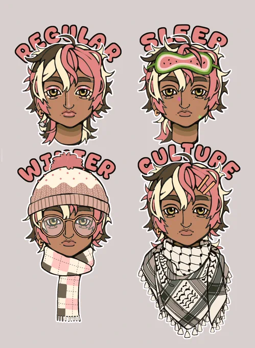 This image contains 4 of the same faces of SPROUTwiki’s character “Saad”. He has brown skin, Hazel eyes, and Neapolitan colored hair. 

In the first face, he is wearing makeup which is also Neapolitan colored. Above his head, text says “Regular”. 

In the second face, he is wearing a watermelon sleeping face mask, and a pink and green colored pimple patches in the shape of stars. Above his head, text says “Sleep”. 

In the third face, he is wearing a Neapolitan colored knitted scarf, with a diamond pattern. He is wearing a knit hat that looks like a cupcake with a pink pompom on top. He is also wearing gold circle-rim glasses. Above his head, text says “Winter”. 

In the third, and last, face, he is wearing a Palestinian Keffiyeh around his neck, and two gold clips, clipping his hair out of his face. Above his head, text says “Culture”.