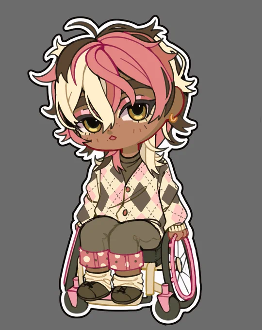 a Chibi Version of
@SPROUTwiki's original character 'Saad'. The character has brown skin, hazel eyes, and neapolitan streaked hair in a wolf-cut style. He has a gold hoop earring on his right ear. He has a beige-eggshell white sweater on over a dark brown shirt. The sweater is oversized and has a
neapolitan colored diamond pattern. He has brown jeans with a pink polkadot cuff of the bottom. he is wearing eggshell beige scrunched up socks with dark brown short doc-marten shoes. He is sitting in a pink and beige lightweight manual wheelchair.