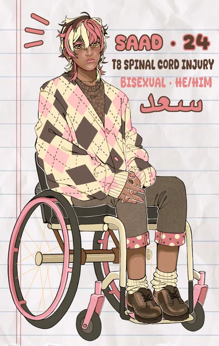 The image contains an illustration of a brown man sitting in a wheelchair. His entire design consists of brown, pink, and white coloration, symbolizing Neapolitan ice cream. He’s sitting on a white framed manual custom wheelchair with pink rims.

His hair is wavy, with his bangs parting on both sides of his head with hair framing his face, in a wolf-cut style. His hair is dyed in pink, white, and brown. He has golden eyes, a septum piercing, pink lipstick and eyeshadow.

He’s wearing a plaid cardigan, with the base color being white, and the diamond shaped plaids being brown and pink. He has brown pants with pink cuffs and white/brown polka dots, and brown shoes with white socks.

TEXT: Saad, 24, T8 Spinal Cord Injury, Bisexual, He/Him