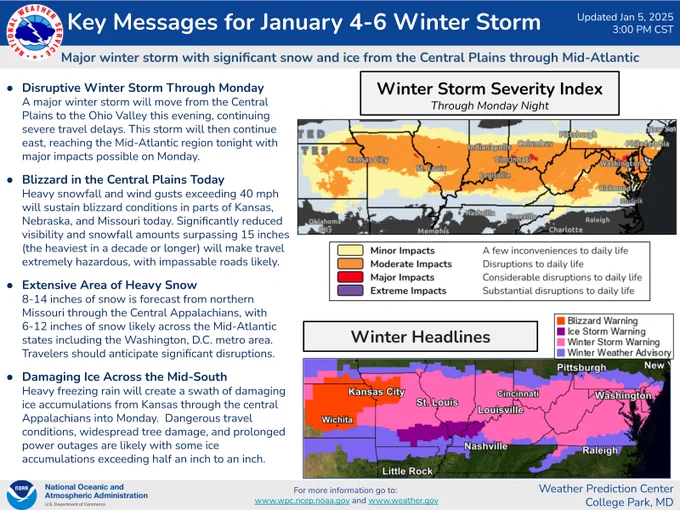 Summary of the ongoing winter storm moving into the Mid-Atlantic states. A large area of Minor/Moderate impacts are expected across the Ohio Valley into the Mid-Atlantic, with some Major impacts possible ("considerable disruptions to daily life"). 