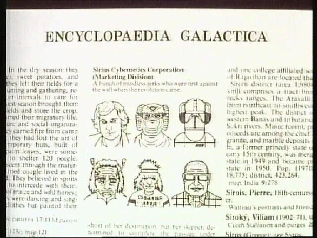 A version of the Encyclopedia Galactica that fell through a time from the distant future, with the headline "The Marketing Division of the Sirius Cybernetics Corporation were a bunch of mindless jerks who were the first against the wall when the revolution came."
