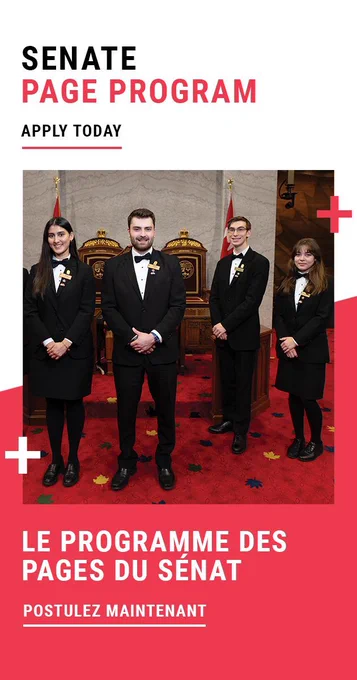 Groupe de pages du Sénat devant les trônes dans la Chambre du Sénat avec du texte disant « Le programme des pages du Sénat – postulez maintenant ».