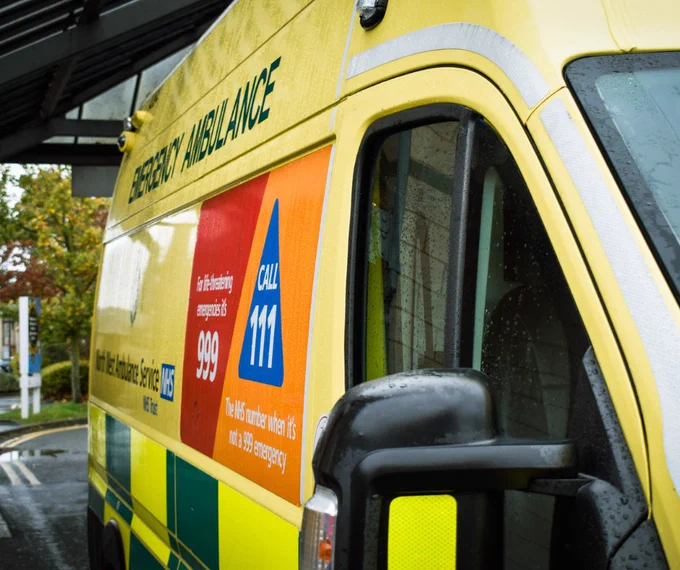 A close-up view of an emergency ambulance.