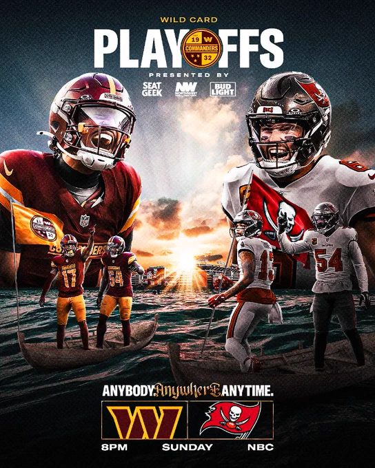 Wild Card graphic. The background of the graphic is Tampa and the front features cutouts of Commanders and Buccaneers players. The bottom of the graphic has the Commanders and Buccaneers logos and says “Anybody. Anywhere. Anytime. | 8pm, Sunday, NBC."