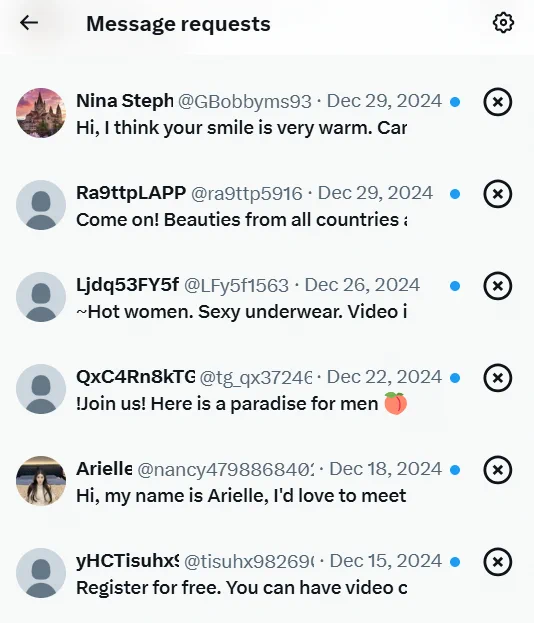 A screengrab of Bleeper's direct messaging inbox on X which is full of spam messages from robots soliciting for sexting. 
