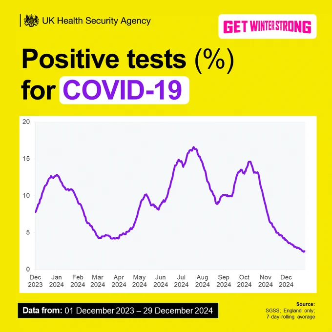 Positive tests (%) for COVID-19, data from 10 December 2023 to 29 December 2024. The graph shows a consistent decline from October 2024 to December 2024.