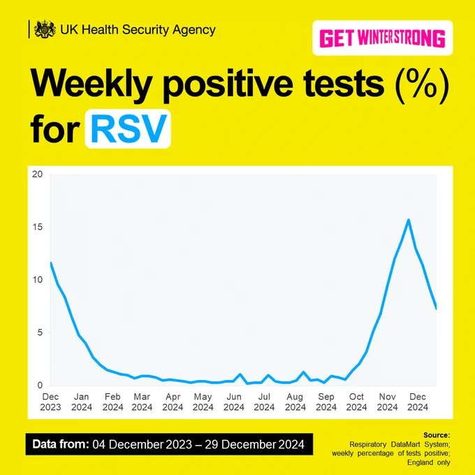 Positive tests (%) for RSV, data from 11 December 2023 to 29 December 2024. The graph shows a sharp spark from October to November 2024, with decrease from November to December 2024.