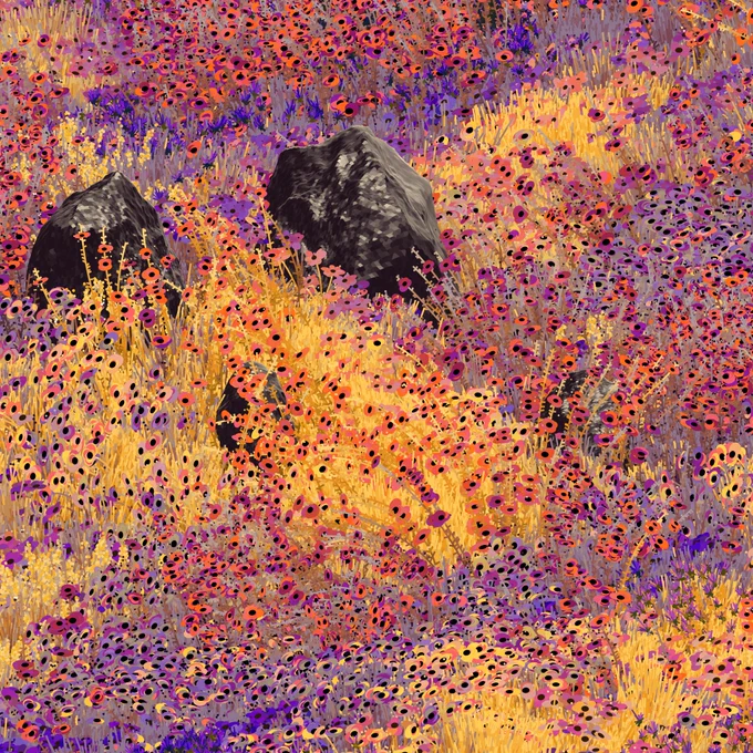 A vibrant digital artwork depicting two dark, rocky formations or boulders set against a field of wildflowers. The landscape is awash in rich colors - golden yellow grasses, bright coral-orange and deep purple flowers that blanket the entire scene in a dense pattern. The flowers appear as small circular shapes creating a dotted texture throughout the composition, while the two stone formations stand in stark contrast as solid, dark gray masses. The overall effect is reminiscent of an impressionist painting of a meadow in full bloom, with a striking interplay between the organic, flowing pattern of the flowers and the solid presence of the rocks.