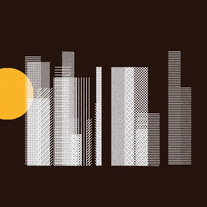 Abstract artwork featuring a series of white, textured, vertical lines forming geometric, skyscraper-like shapes against a dark brown background. A solid yellow circle on the left evokes the sun, creating a contrast between organic and architectural forms.