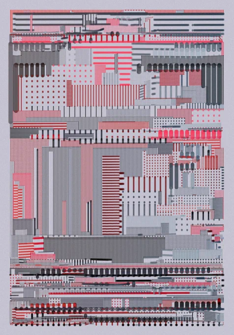 An abstract digital artwork composed of geometric patterns in red, gray, and white. The piece features a dense grid-like composition of vertical lines, dots, and rectangular shapes arranged in a systematic yet slightly chaotic manner. The patterns include striped sections, dotted matrices, and elongated pill-shaped forms that create a complex urban planning or circuit board-like aesthetic. The artwork appears highly structured while maintaining an organic quality through its varied rhythmic elements and interplay between positive and negative space.