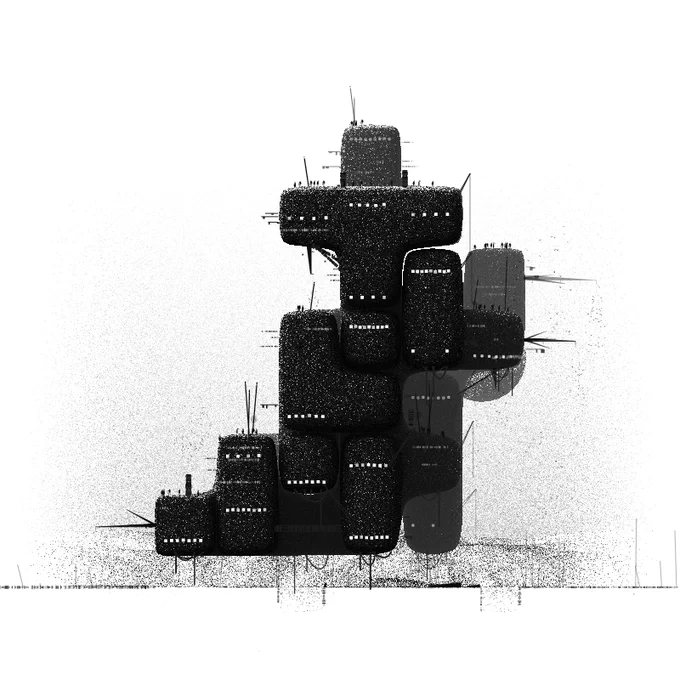 A monochromatic digital artwork depicting an abstract architectural structure in black and grayscale against a white background. The structure appears as a series of interconnected geometric blocks or modules stacked in an ascending, stepped formation. Each module features rows of illuminated windows or ports, creating a pattern of dotted lights across their surfaces. Small angular protrusions extend from various points on the structure, suggesting antennae or mechanical elements. The composition evokes a futuristic space station or cyberpunk cityscape emerging from a misty horizon.