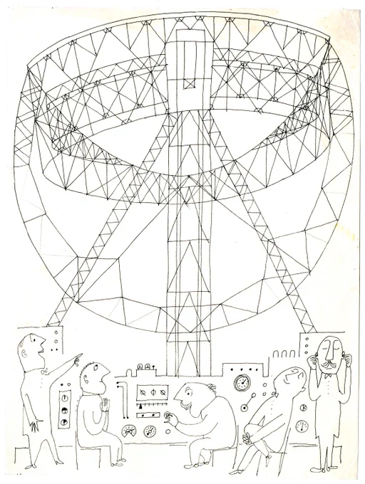 An illustration of multiple people interacting around complex machinery and a large, geometrical structure resembling a radar or satellite dish in the background.