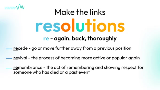 Make the links
re- again, back, thoroughly
recede - go on or move further away from a previous position
revival - the process of becoming more active or popular again
remembrance - the act of remembering and showing respect for someone who has died or a past event
