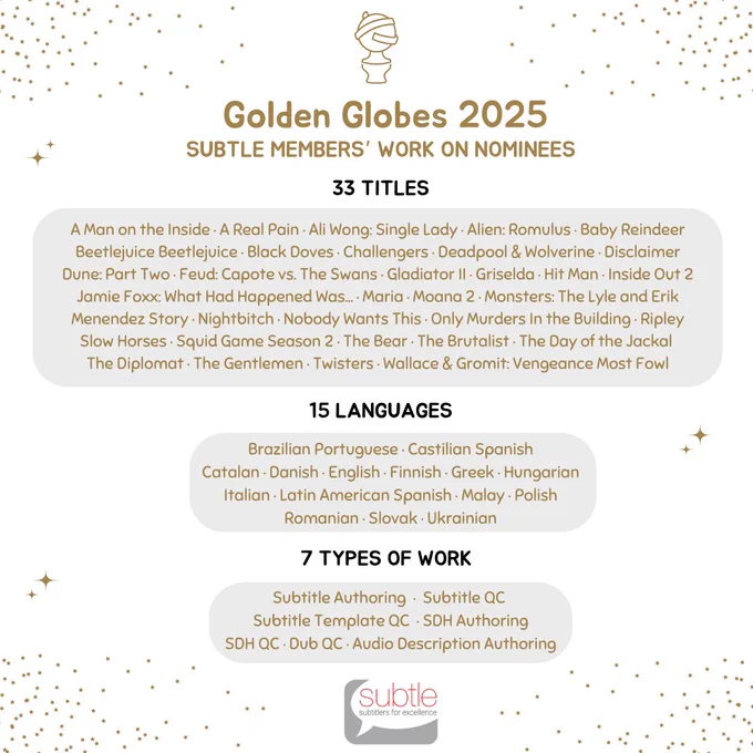 Golden text on a white background with stars and a cartoon of a Golden Globe award reads: "Golden Globes 2025 SUBTLE MEMBERS’ WORK ON NOMINEES"
It lists 33 titles, 15 languages and 7 types of work, followed by the SUBTLE logo.
