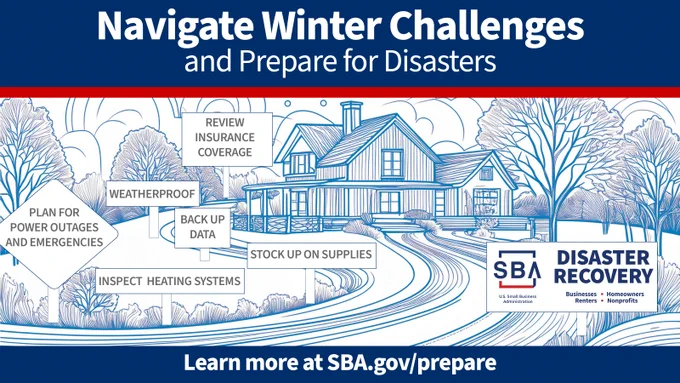 Across the top of the graphic is a blue text box with text that reads, “Navigate Winter Challenges and Prepare for Disasters.” Under that, there is line art of a winding road leading to a house on a snowy winter day. Signs along the road read, “Review Insurance Coverage,” “Weatherproof,” “Back up Data,” “Stock up on Supplies,” “Inspect Heating Systems,” and “Plan for Power Outages and Emergencies.”  There is also a sign with the SBA Disaster Recovery logo. At the bottom of the graphic is a blue text box with white text that reads, “Learn more at SBA.gov/prepare. 