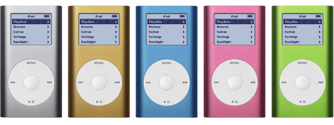 A promotional image featuring five iPod Minis in various colors.