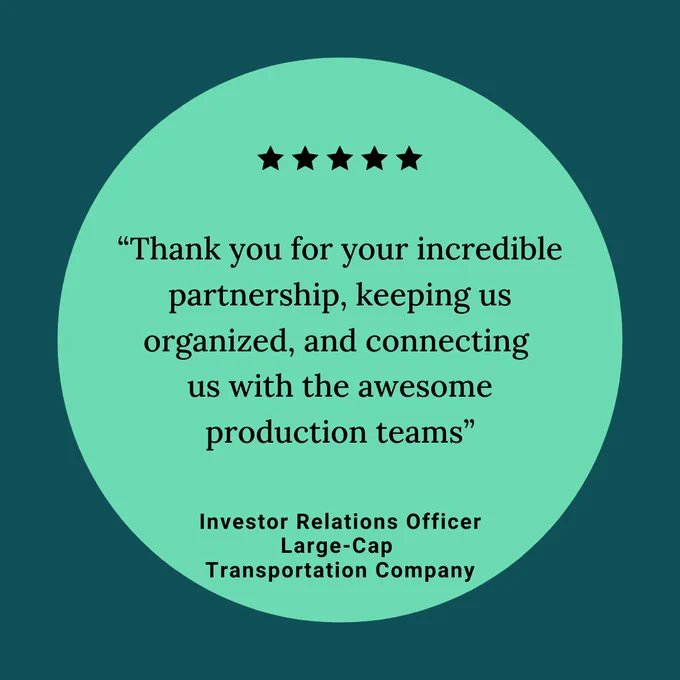 Graphic featuring a quote of appreciation from an Investor Relations Officer at a Large-Cap Transportation Company, set against a green circle with five black stars at the top.