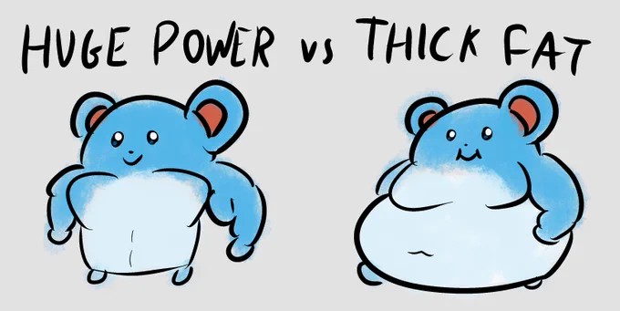 Two adjacent Marills, which are round blue mouse-like Pokemon with white bellies, beneath the caption "Huge Power vs Thick Fat". The Marill below the "Huge Power" caption is buff, with prominent pecs and biceps. The Marill below the "Thick Fat" caption is fat, with an oversized belly and distinct chest fat.