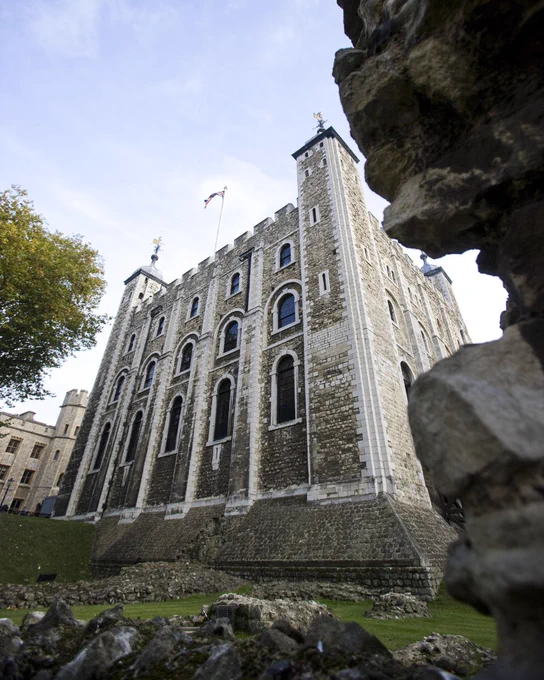 the white tower at the tower of london, it is a large stone keep with a tree in the background.