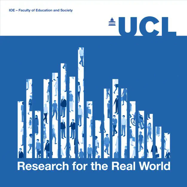 Text says Research for the Real World. There is a bar graph with a pattern of people walking around. The UCL and IOE banner is on top.