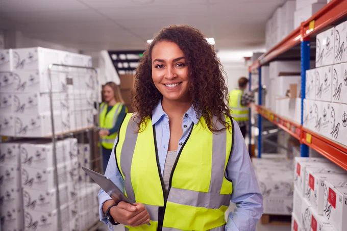 Young woman in high viz jacket working in a warehouse setting.