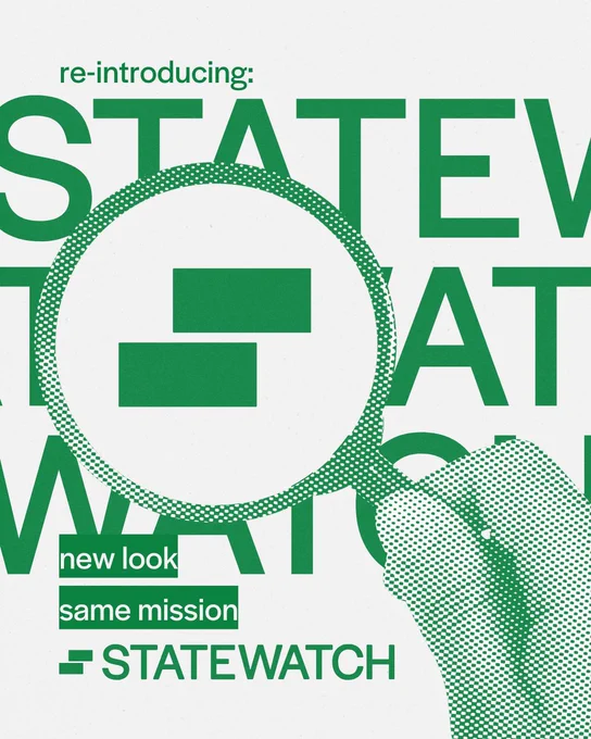Green text on a light grey background displaying Statewatch's new visual identity with the message: New look, same mission. 