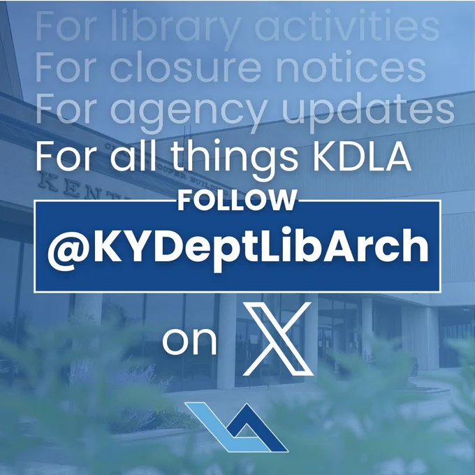 Bluish graphic with KDLA building picture in background of text.