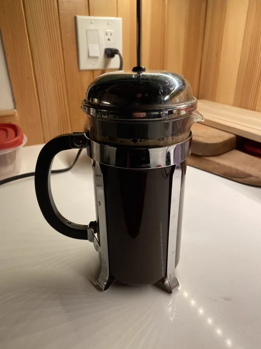 My trusty French press, loaded and ready to make the angels of my soul sing with voices of truth.