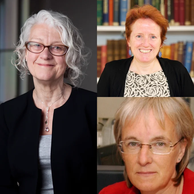 Three portraits of individuals, featuring a person with curly gray hair and glasses, another with short red hair and a patterned top, and one with blonde hair and glasses, set against various indoor backgrounds.