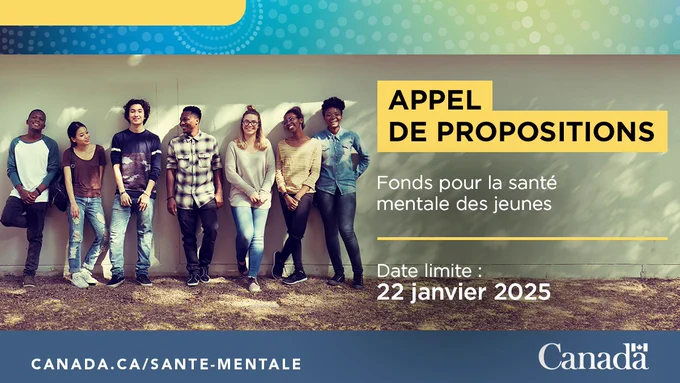 Image de jeunes debout contre un mur. Texte de l’image : Appel de propositions; Fonds pour la santé mentale des jeunes; Date limite pour les dépôts de candidature : 22 janvier 2025