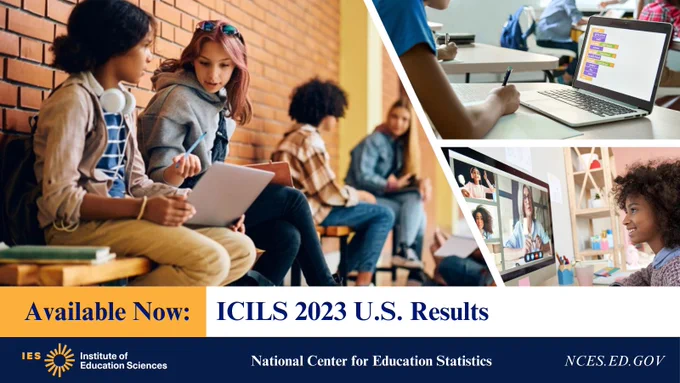 Social media platform graphic promoting the recently released ICILS 2023 U.S. Results report featuring an image of students using laptops.